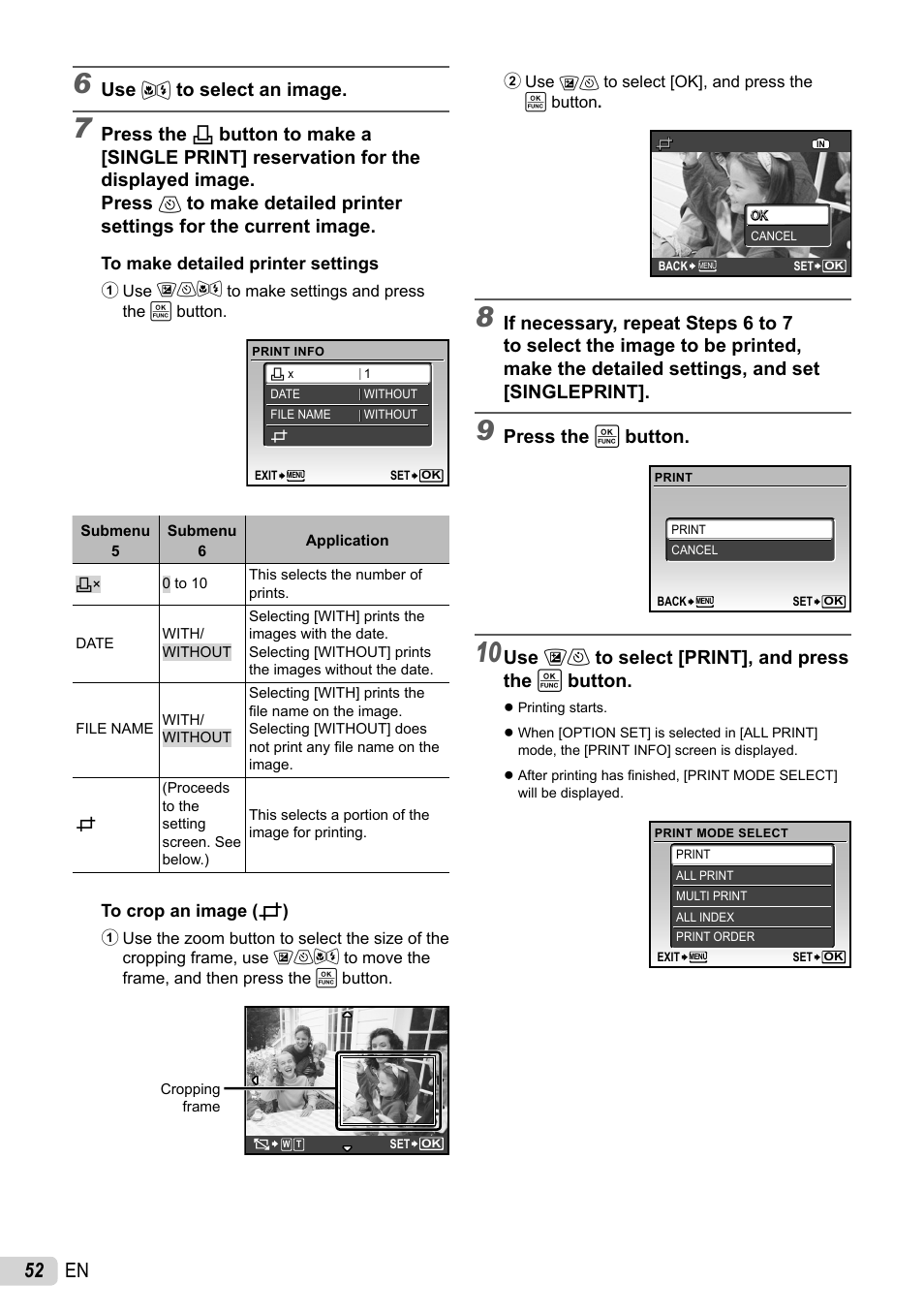 52 en, Use 34 to select an image, Press the  button | Use 12 to select [print], and press the  button | Olympus 1060 User Manual | Page 52 / 76
