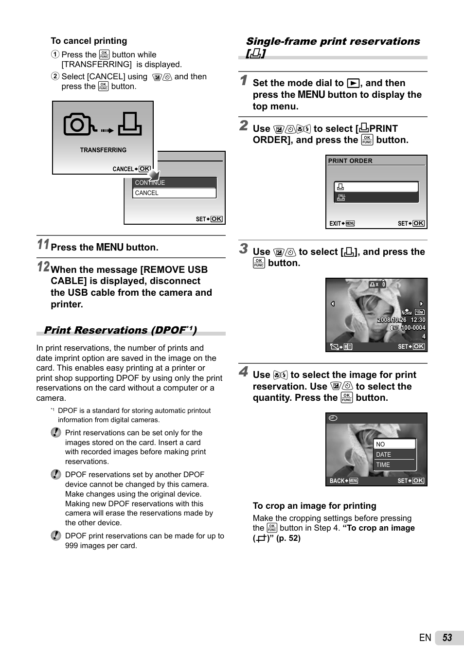 Print reservations (dpof), Single-frame print reservations, 53 en | Print reservations (dpof | Olympus 1060 User Manual | Page 53 / 76