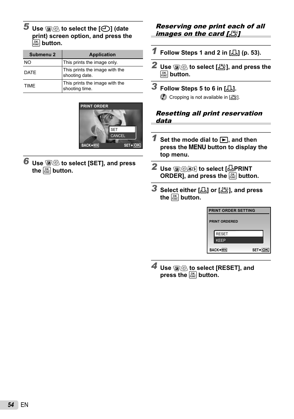 Reserving one print each of all images on the card, Resetting all print reservation data | Olympus 1060 User Manual | Page 54 / 76