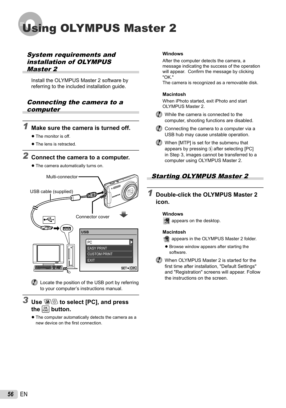 Using olympus master 2, Connecting the camera to a computer, Starting olympus master 2 | 56 en | Olympus 1060 User Manual | Page 56 / 76