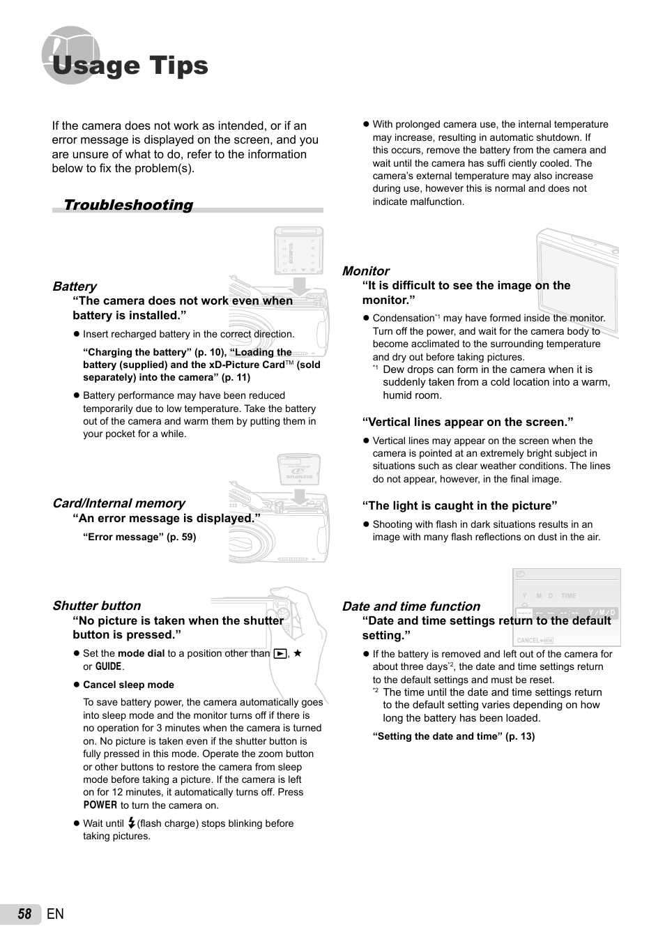 Usage tips, Troubleshooting, 58 en | Battery, Shutter button, Monitor, Date and time function | Olympus 1060 User Manual | Page 58 / 76