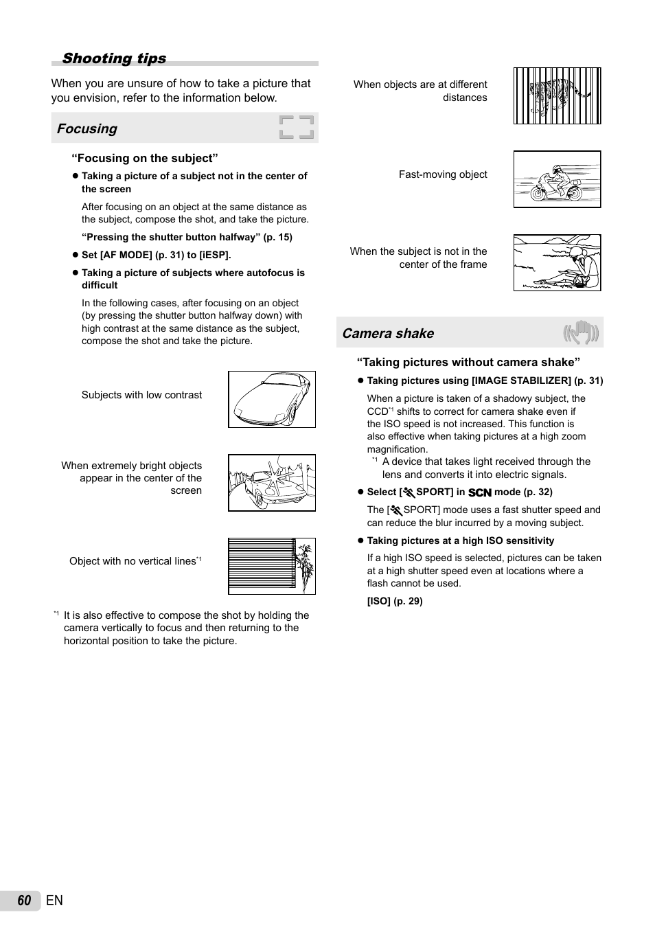 Shooting tips, 60 en shooting tips, Focusing | Camera shake | Olympus 1060 User Manual | Page 60 / 76