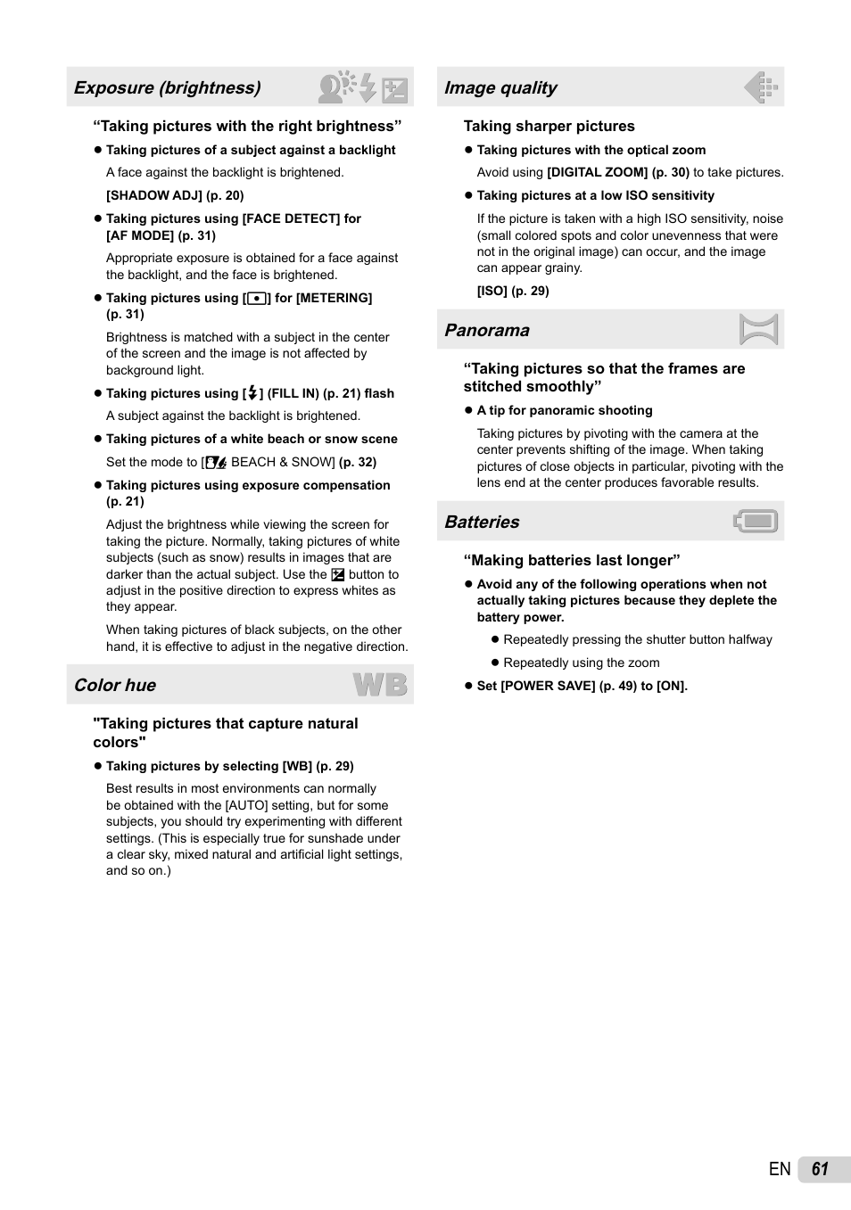 61 en, Exposure (brightness), Color hue | Image quality, Panorama, Batteries | Olympus 1060 User Manual | Page 61 / 76