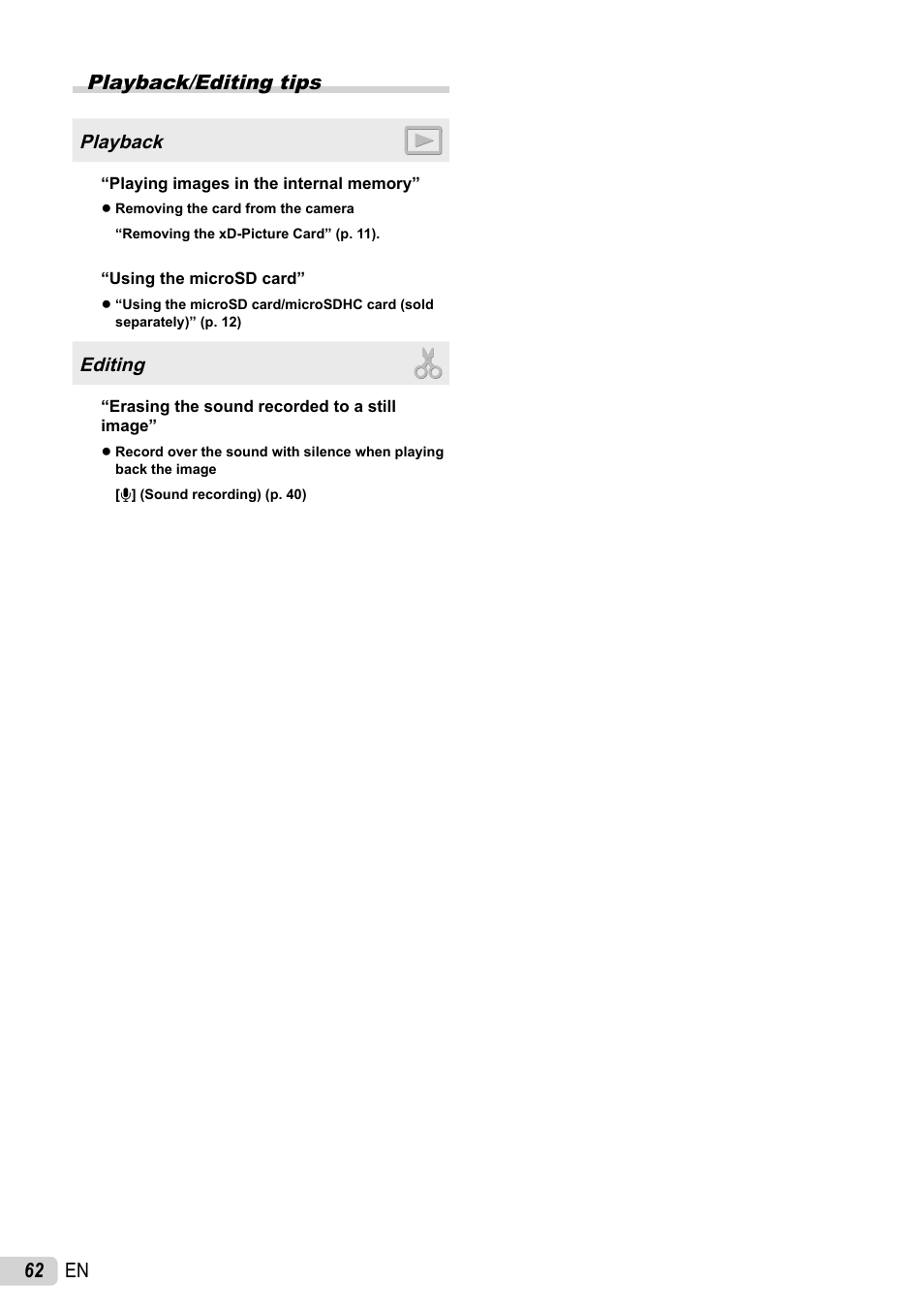 Playback/editing tips, 62 en playback/editing tips | Olympus 1060 User Manual | Page 62 / 76