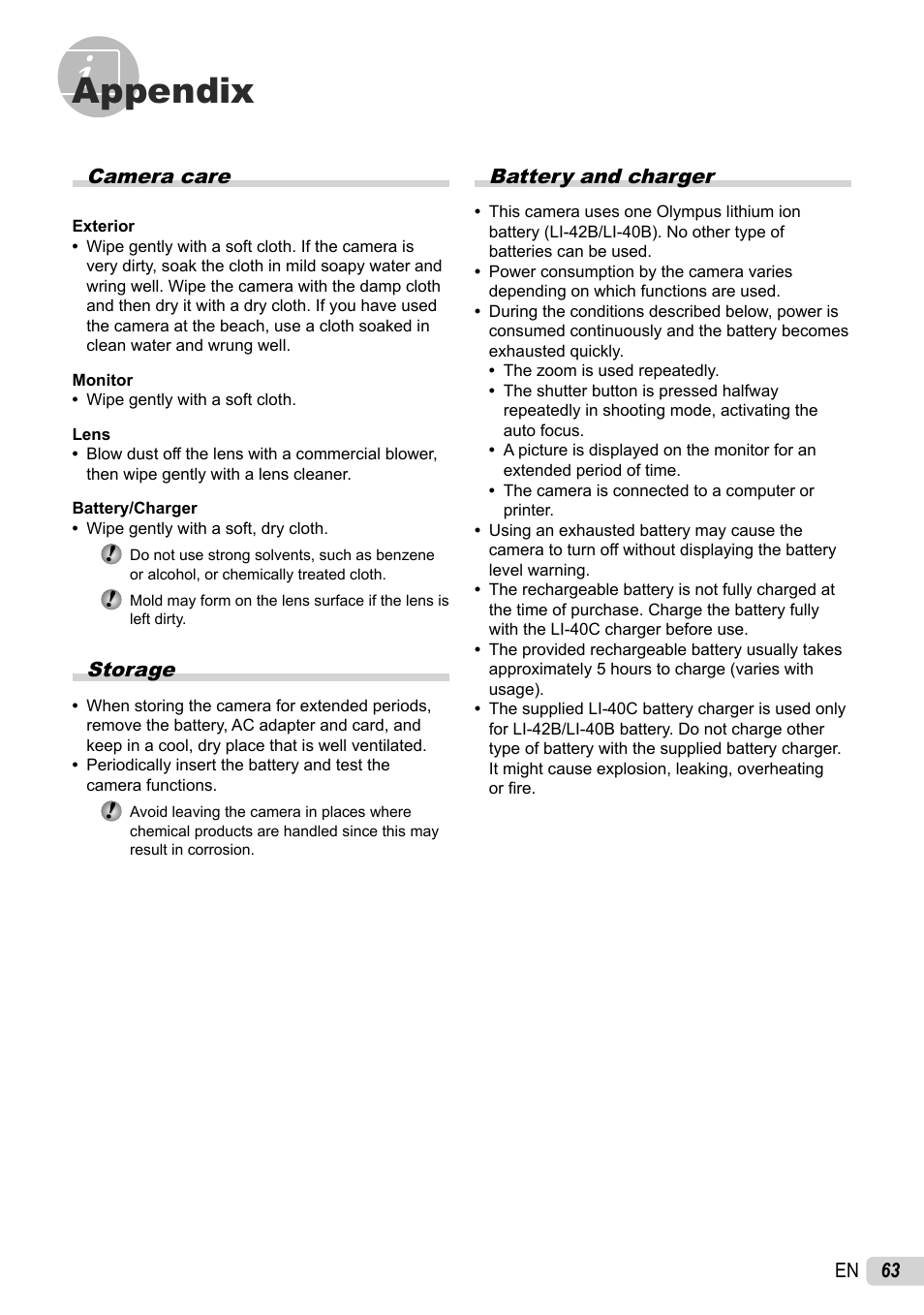 Appendix, Camera care, Storage | Battery and charger | Olympus 1060 User Manual | Page 63 / 76