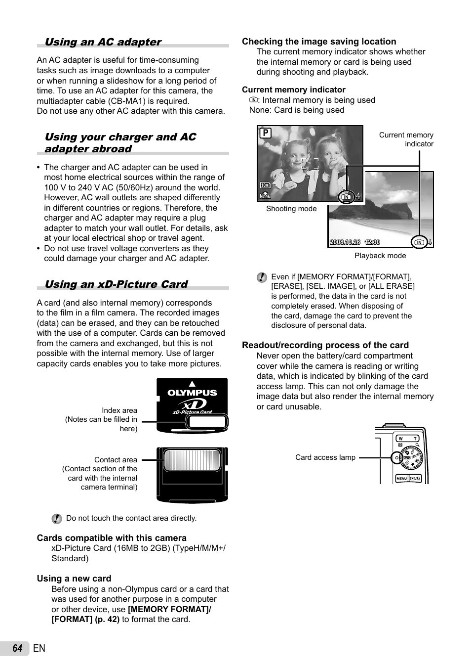 Using an ac adapter, Using your charger and ac adapter abroad, Using an xd-picture card | 64 en using an ac adapter | Olympus 1060 User Manual | Page 64 / 76