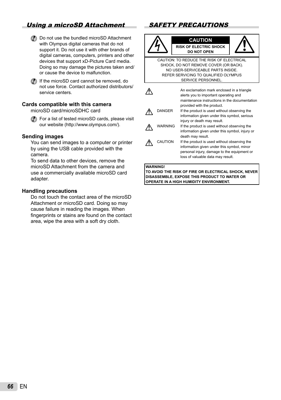 Using a microsd attachment, Safety precautions, 66 en using a microsd attachment | Olympus 1060 User Manual | Page 66 / 76