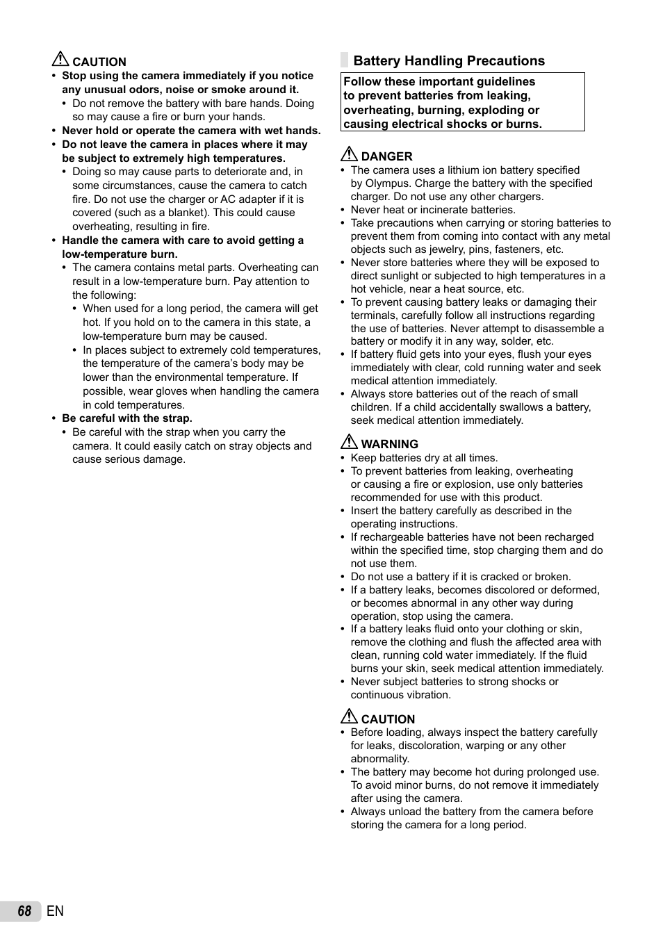 68 en, Battery handling precautions | Olympus 1060 User Manual | Page 68 / 76