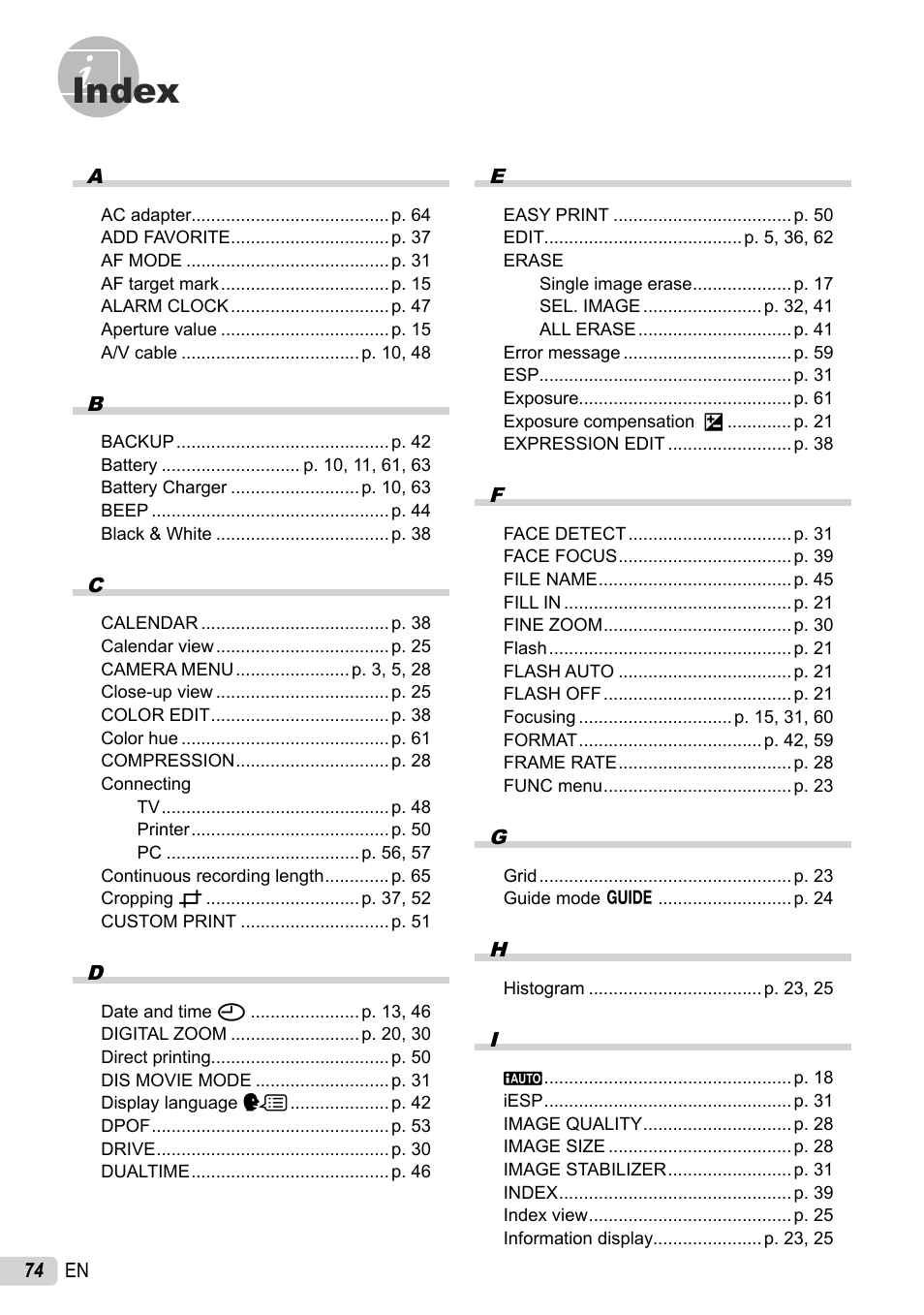 Index | Olympus 1060 User Manual | Page 74 / 76