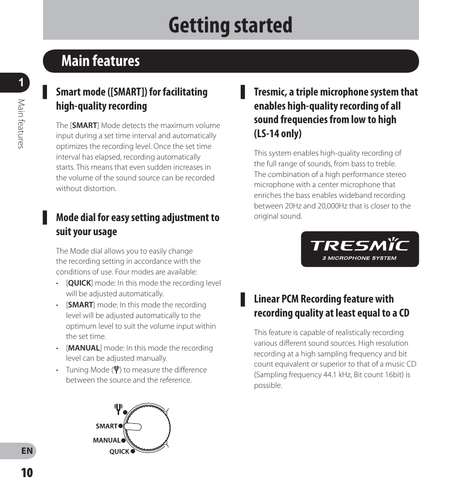 Getting started, Main features | Olympus LS-14 User Manual | Page 10 / 100