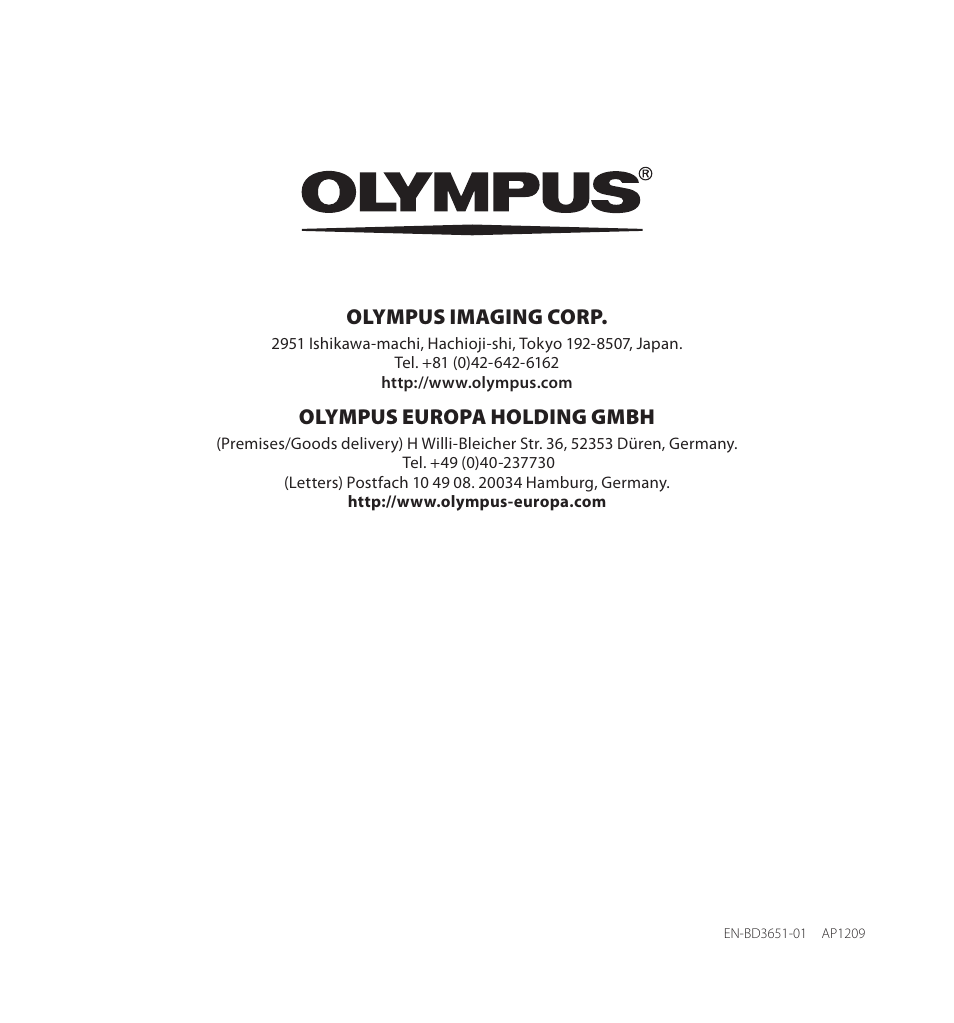 Olympus imaging corp, Olympus europa holding gmbh | Olympus LS-14 User Manual | Page 100 / 100