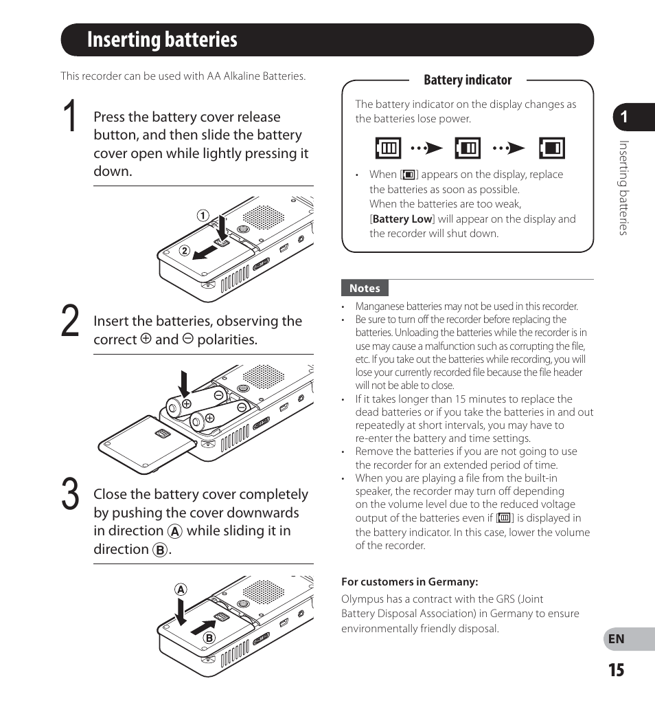 Inserting batteries | Olympus LS-14 User Manual | Page 15 / 100