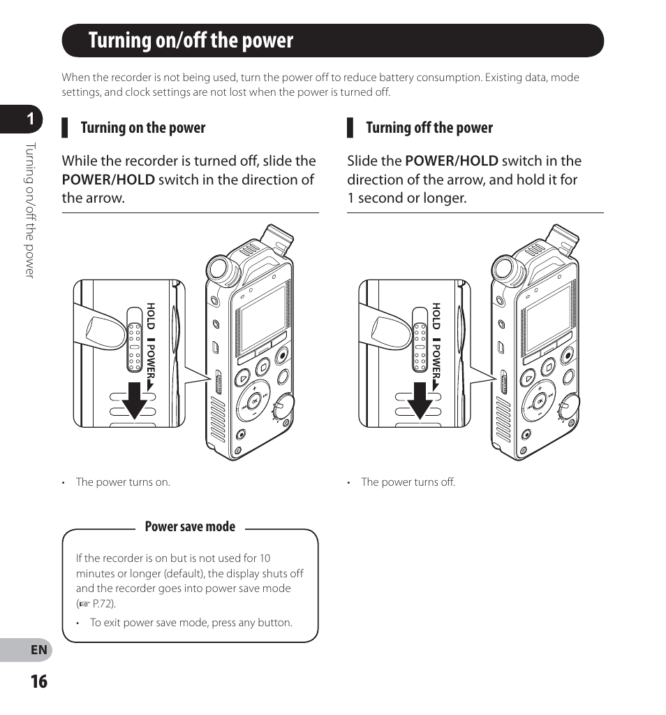 Turning on/off the power | Olympus LS-14 User Manual | Page 16 / 100