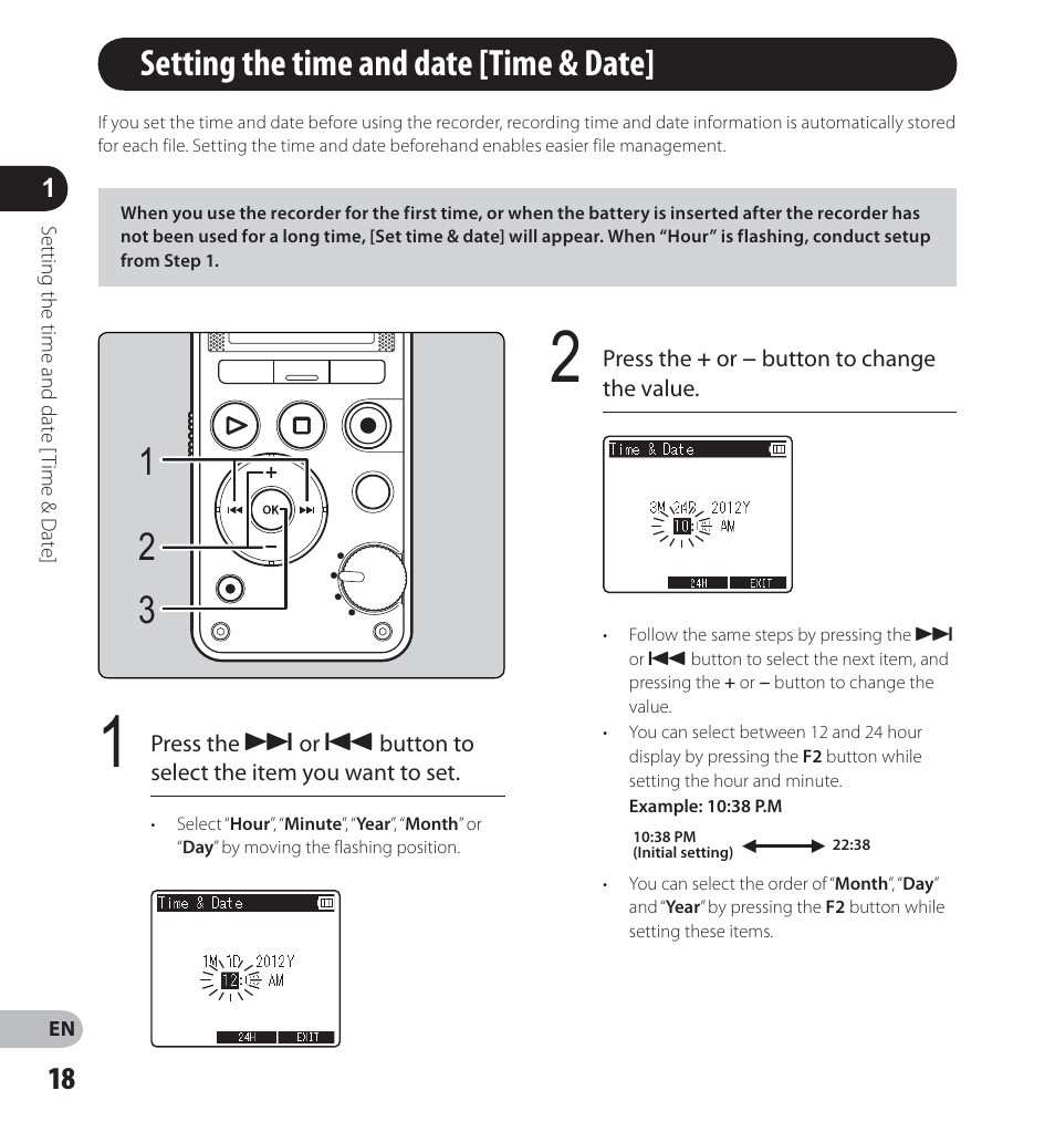 Setting the time and date [ time & date | Olympus LS-14 User Manual | Page 18 / 100