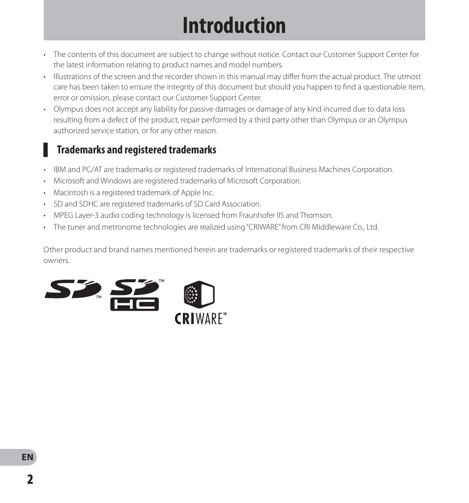 Introduction, Trademarks and registered trademarks | Olympus LS-14 User Manual | Page 2 / 100