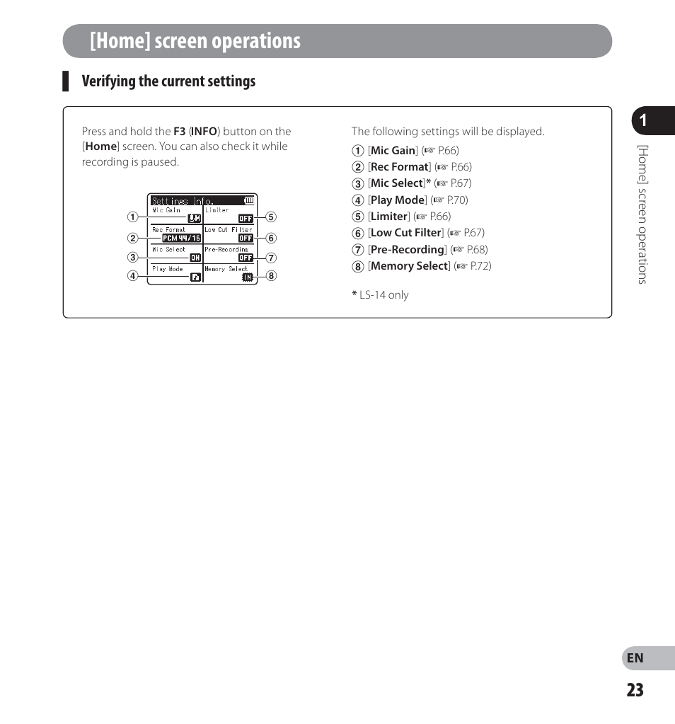 Home] screen operations, Verifying the current settings | Olympus LS-14 User Manual | Page 23 / 100