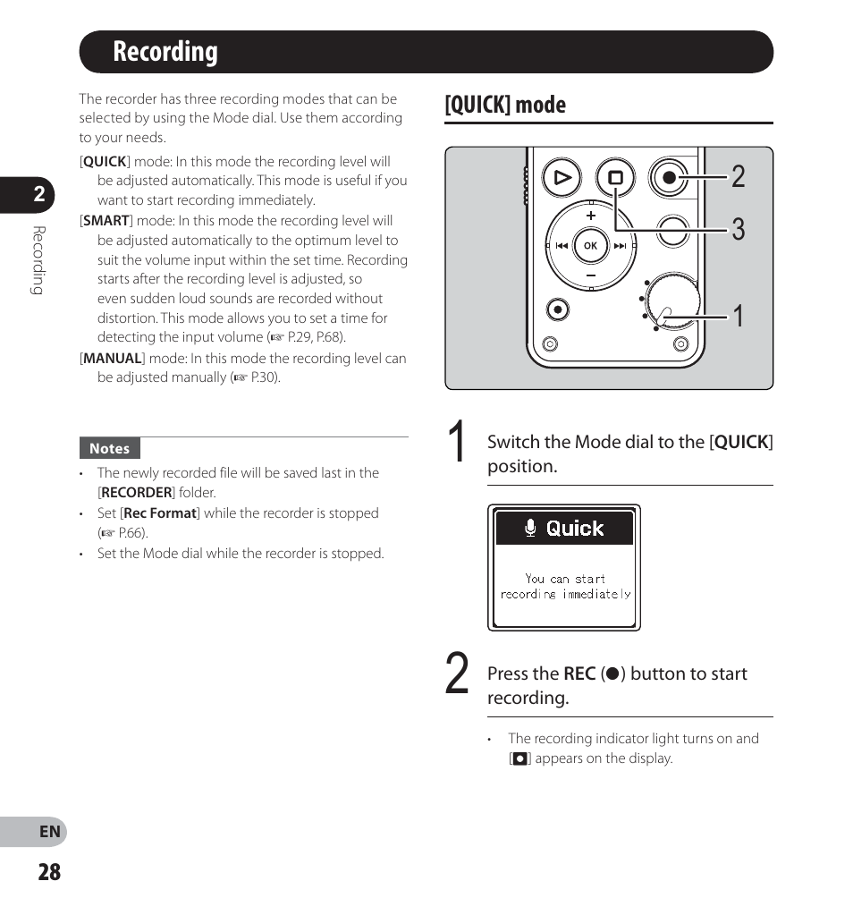 Recording, Quick ] mode | Olympus LS-14 User Manual | Page 28 / 100