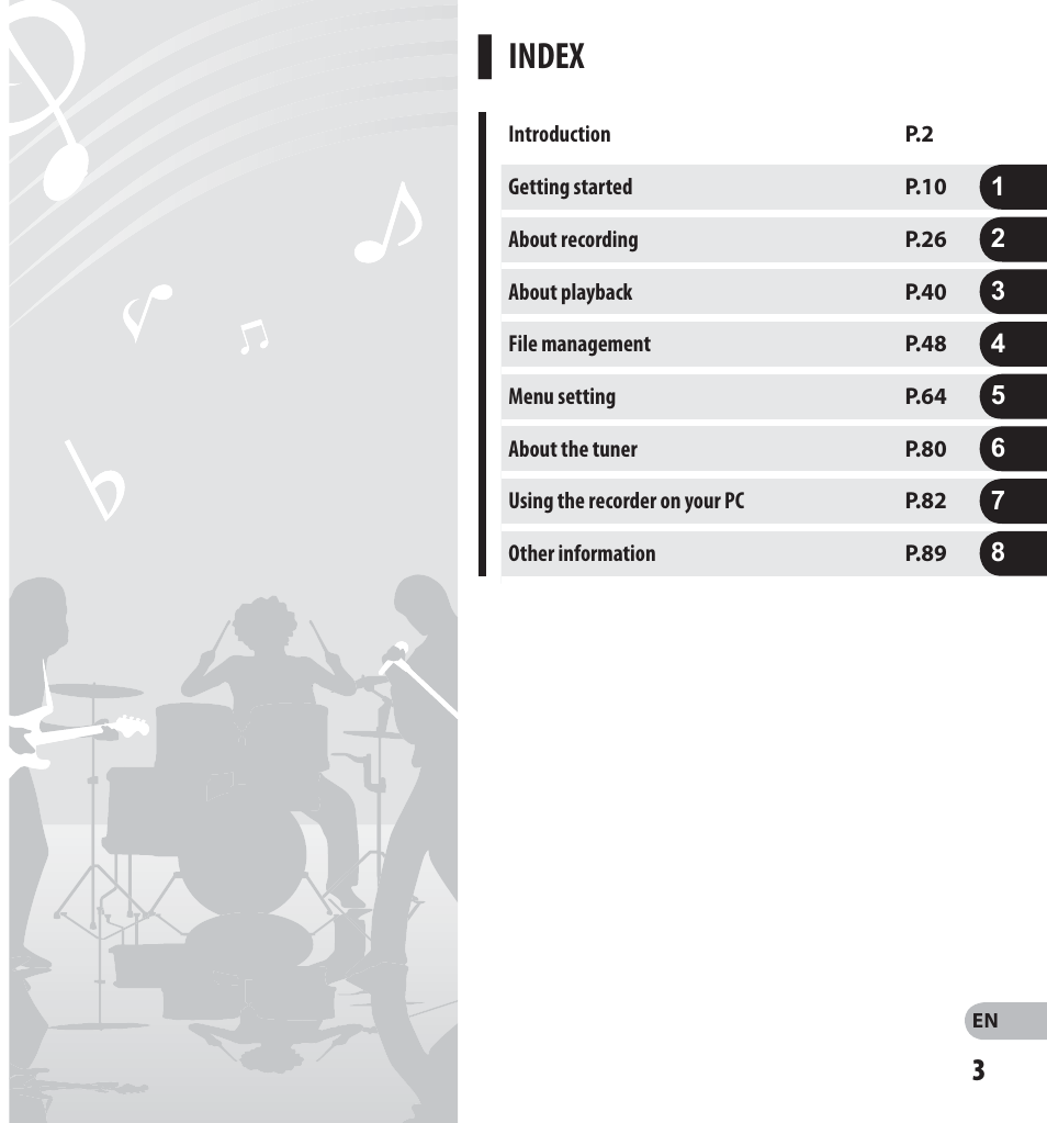 Index | Olympus LS-14 User Manual | Page 3 / 100