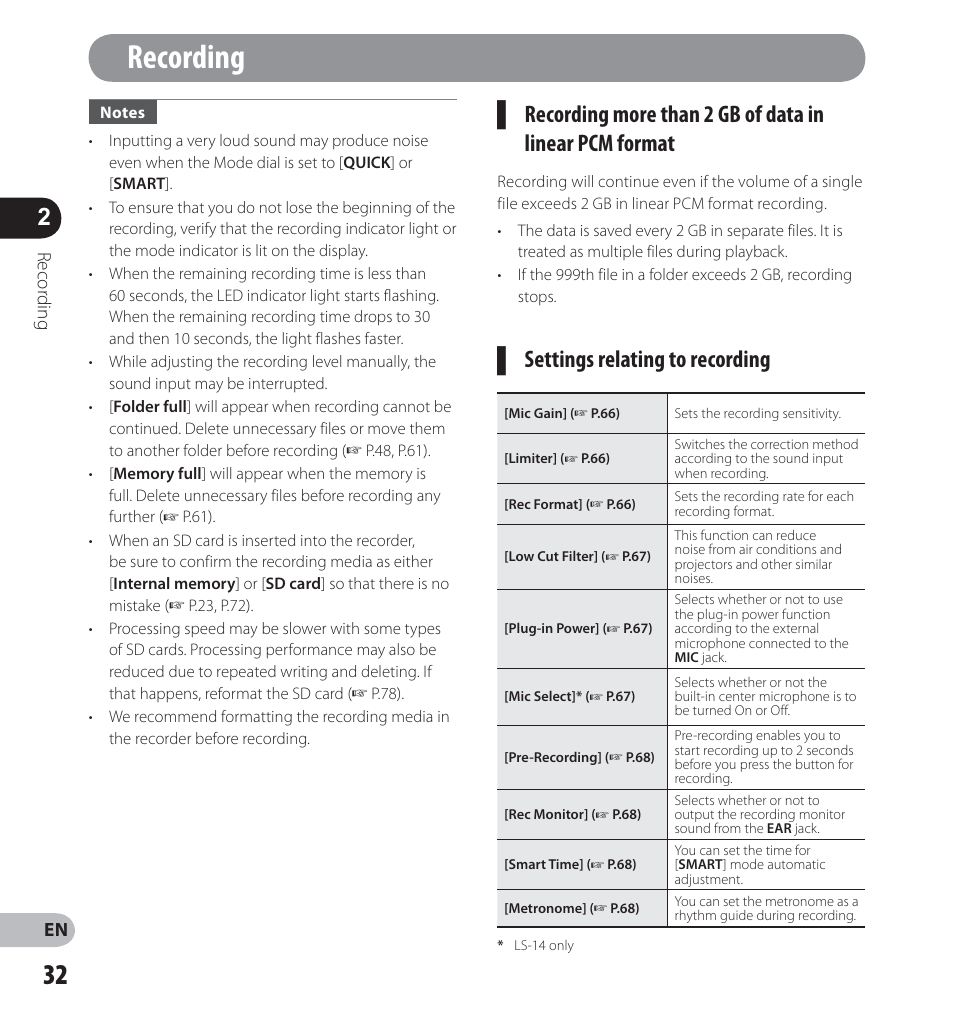 Recording, Settings relating to recording | Olympus LS-14 User Manual | Page 32 / 100