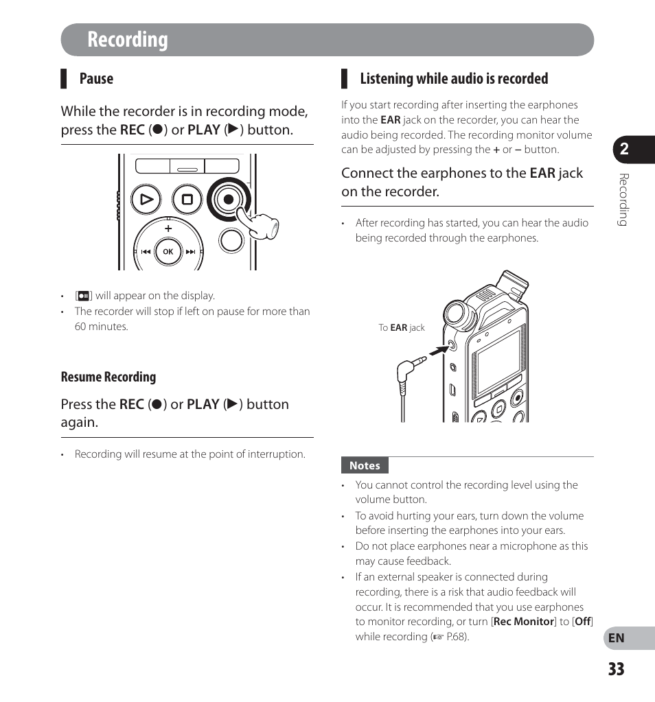 Recording, Pause, Listening while audio is recorded | Olympus LS-14 User Manual | Page 33 / 100