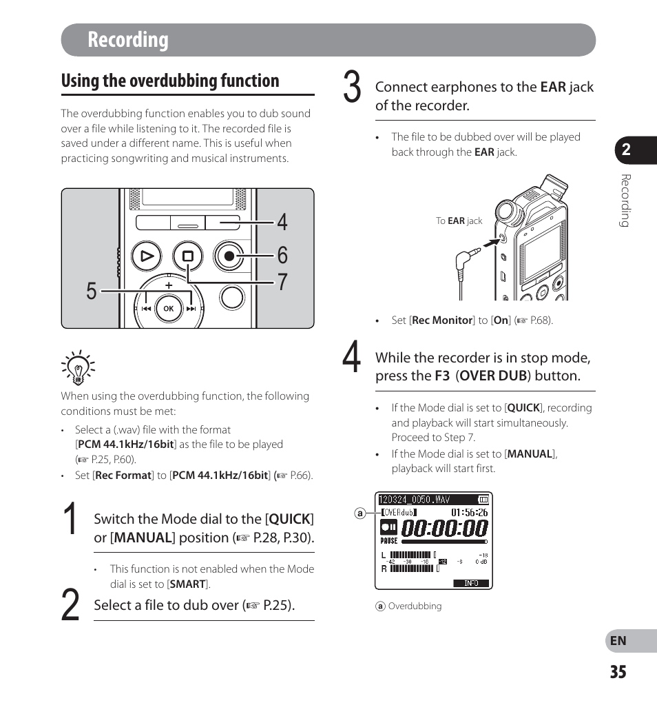 Recording, Using the overdubbing function | Olympus LS-14 User Manual | Page 35 / 100
