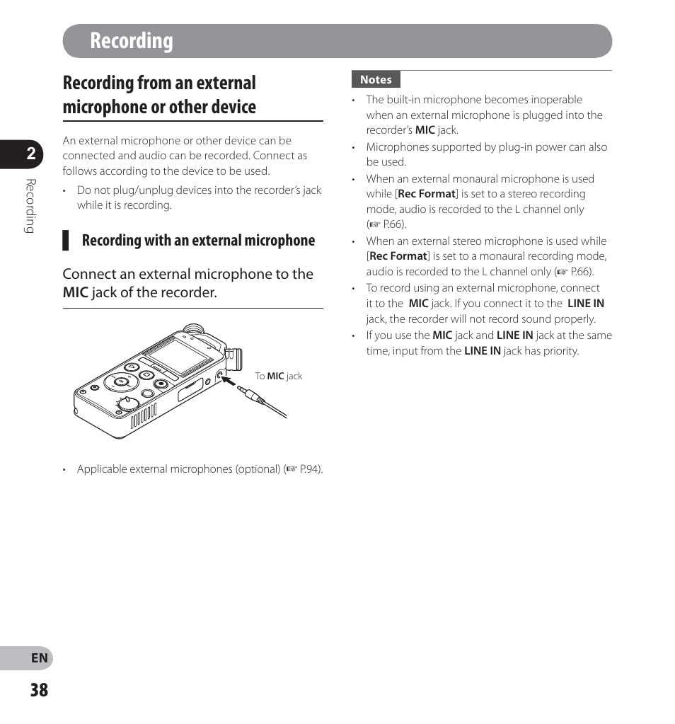 Recording, Recording with an external microphone | Olympus LS-14 User Manual | Page 38 / 100