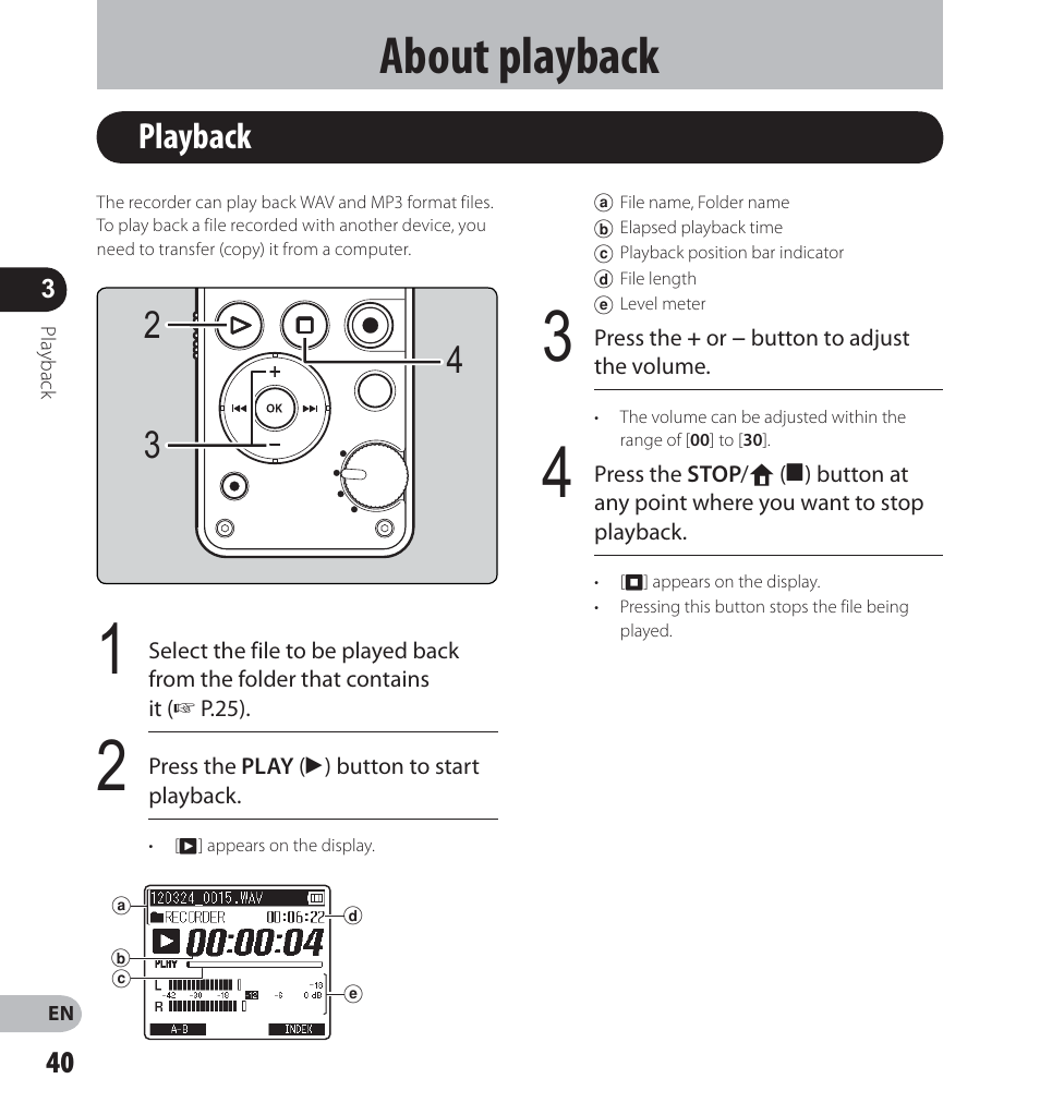 About playback, Playback | Olympus LS-14 User Manual | Page 40 / 100