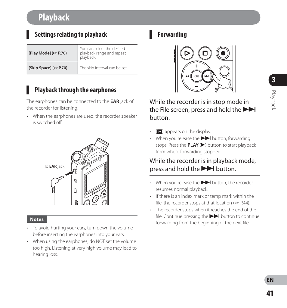 Playback, Settings relating to playback, Playback through the earphones | Forwarding | Olympus LS-14 User Manual | Page 41 / 100