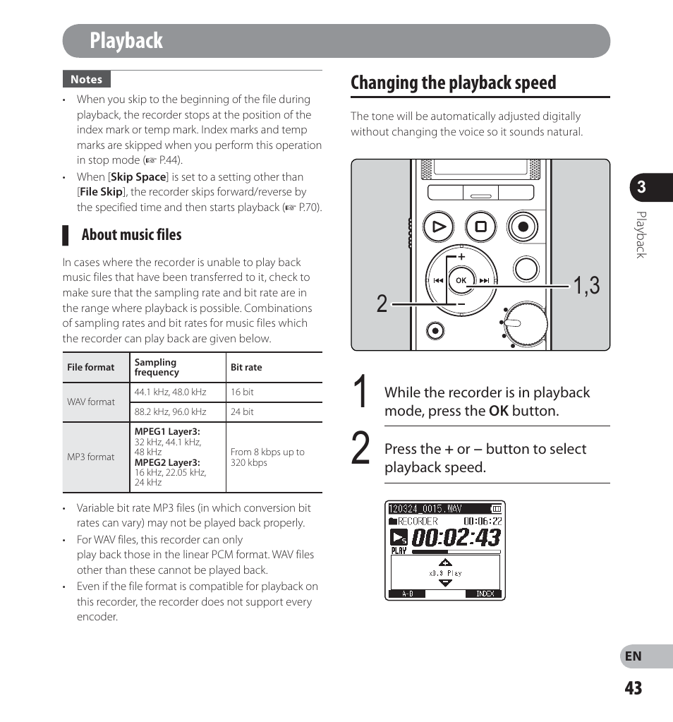 Playback, Changing the playback speed | Olympus LS-14 User Manual | Page 43 / 100