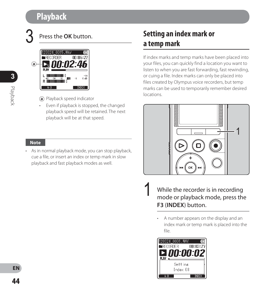 Playback, Setting an index mark or a temp mark | Olympus LS-14 User Manual | Page 44 / 100