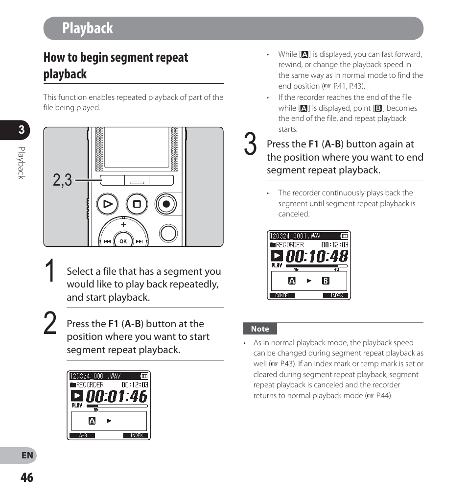 Playback, How to begin segment repeat playback | Olympus LS-14 User Manual | Page 46 / 100