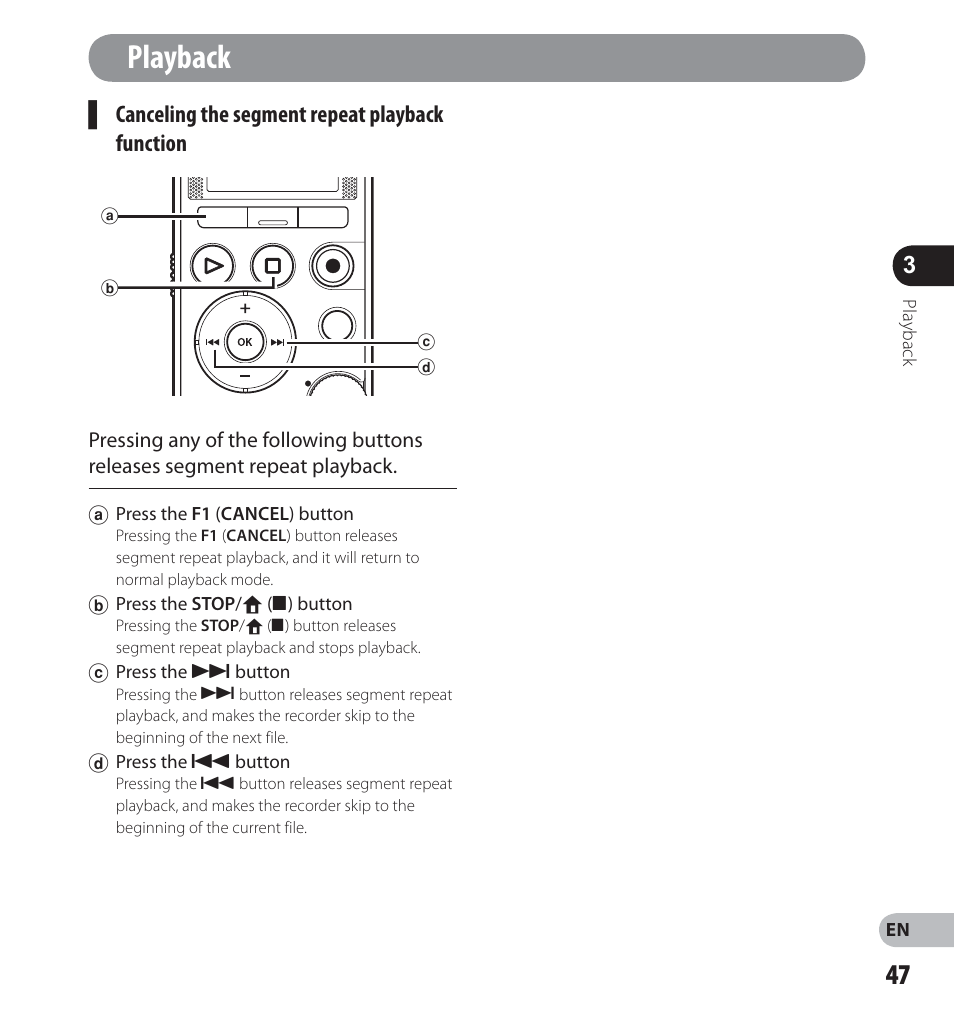 Playback, Canceling the segment repeat playback ▌ function | Olympus LS-14 User Manual | Page 47 / 100