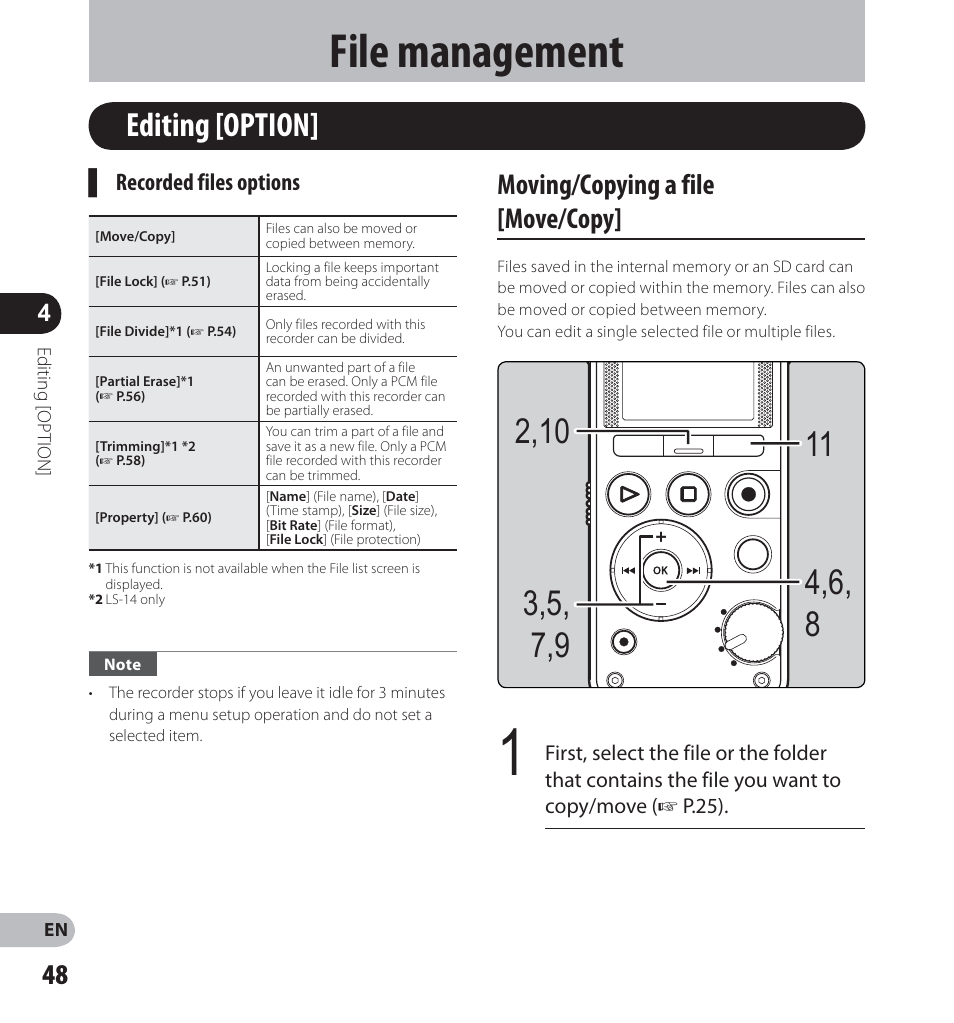 File management, Editing [ option, Moving/copying a file [ move/copy | Olympus LS-14 User Manual | Page 48 / 100