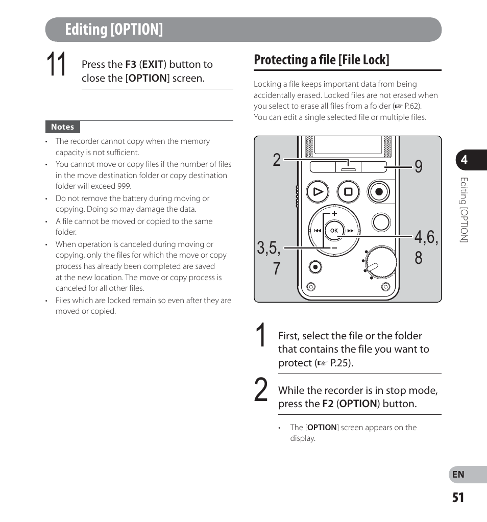 Editing [option, Protecting a file [ file lock | Olympus LS-14 User Manual | Page 51 / 100