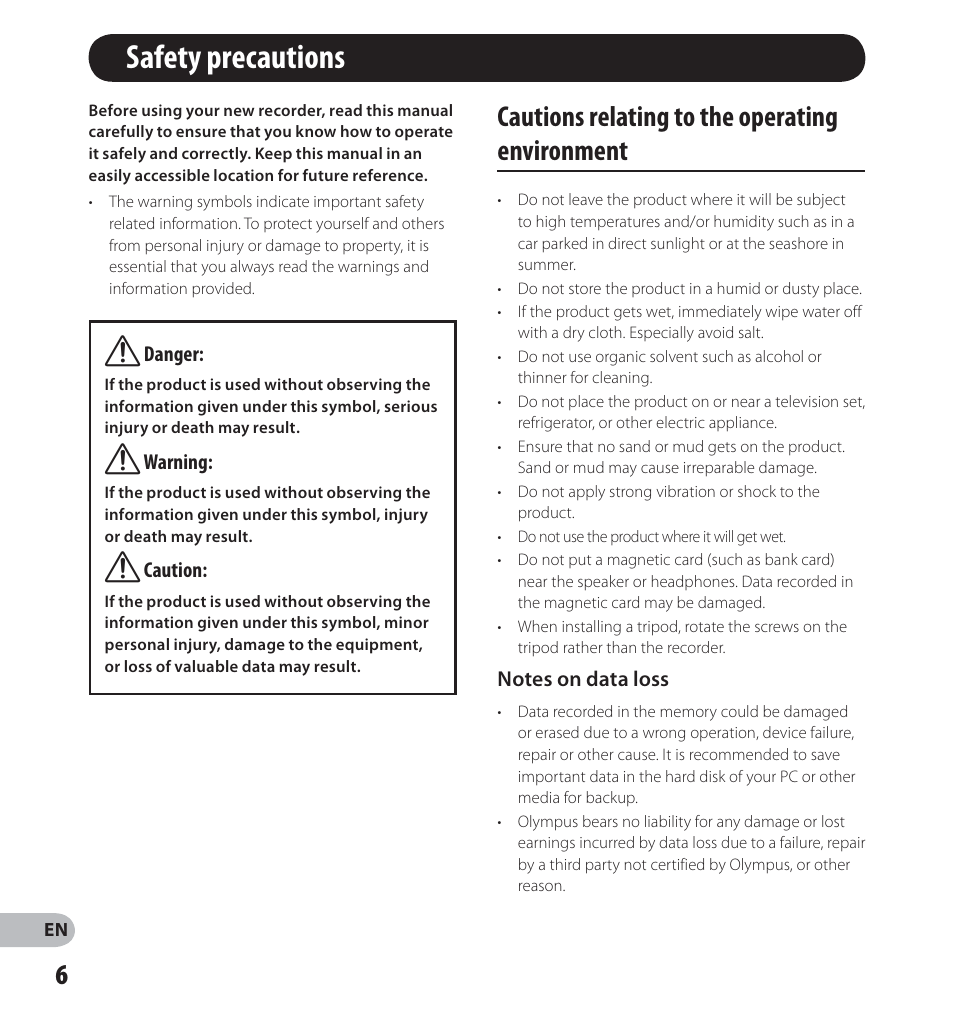 Safety precautions, Cautions relating to the operating environment | Olympus LS-14 User Manual | Page 6 / 100