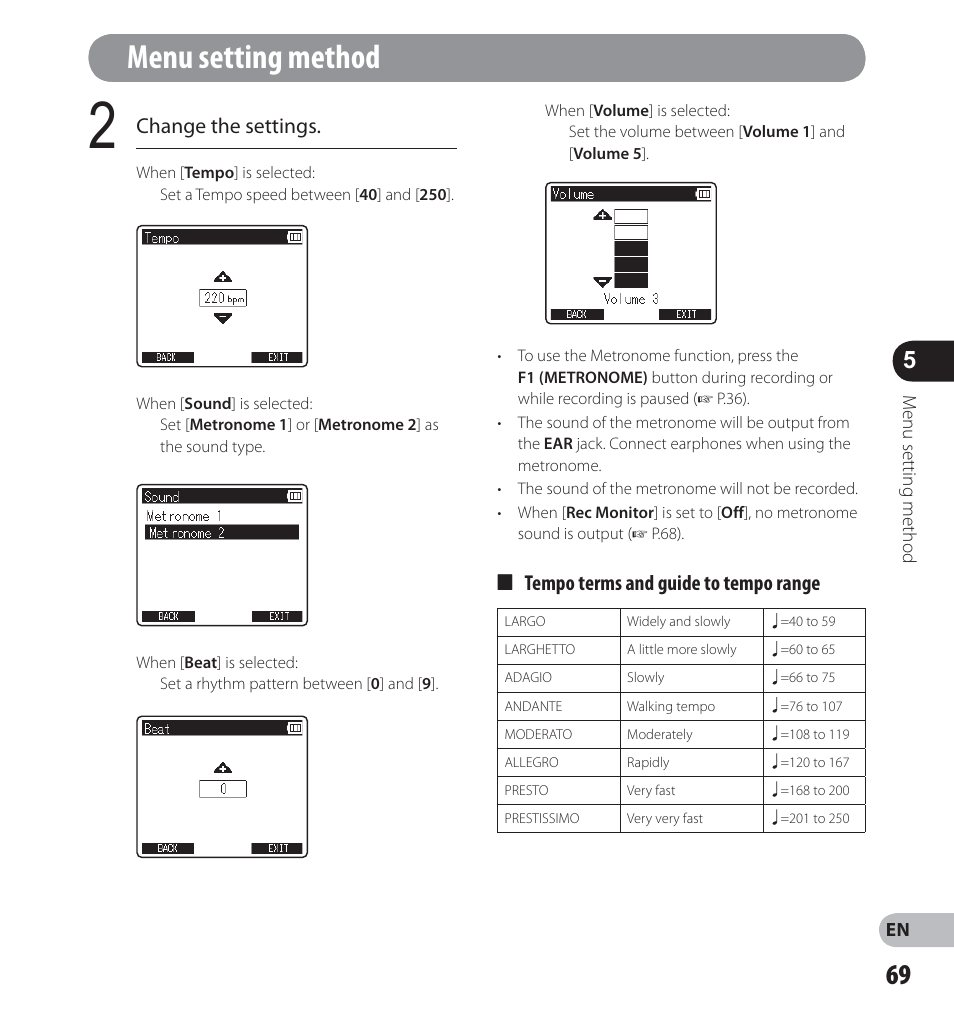 Menu setting method, 4 tempo terms and guide to tempo range, Change the settings | Olympus LS-14 User Manual | Page 69 / 100