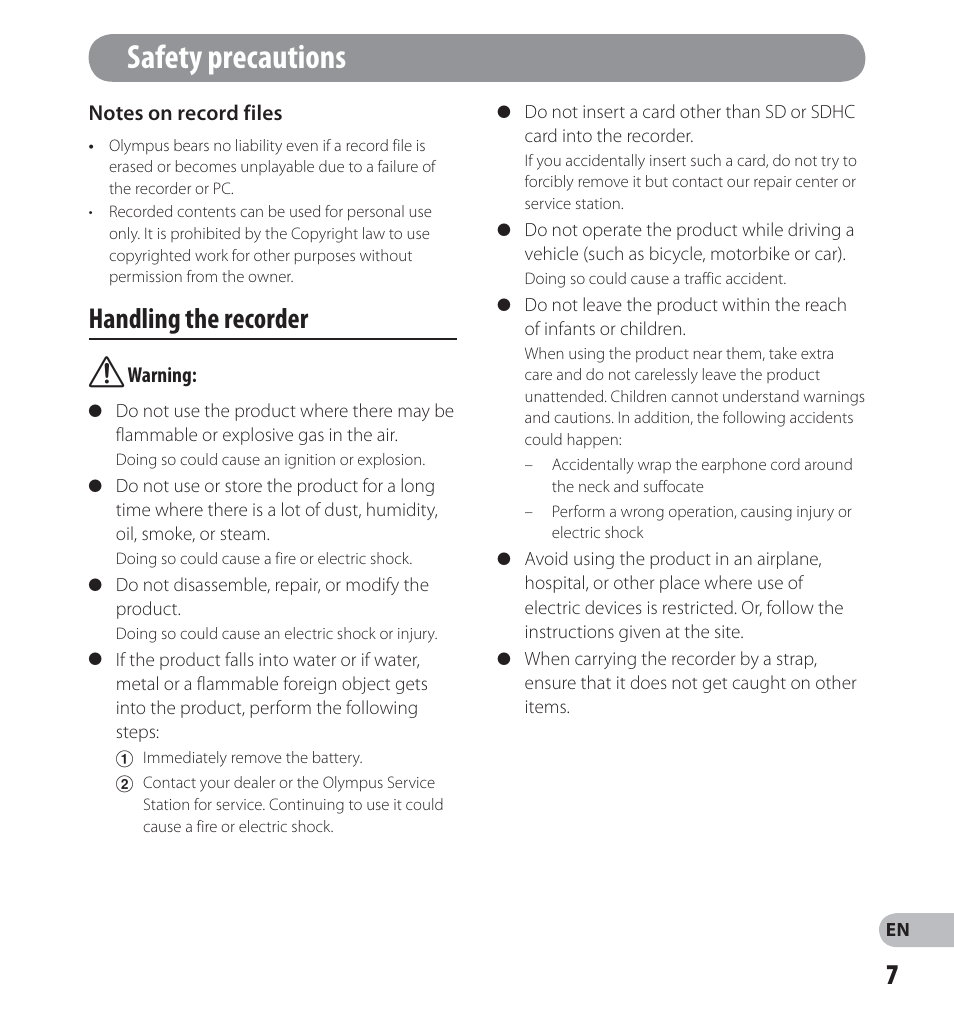 Safety precautions, Handling the recorder | Olympus LS-14 User Manual | Page 7 / 100