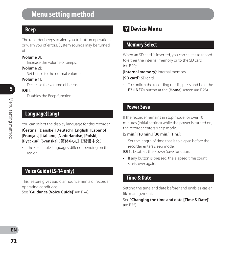 Menu setting method, Device menu, Beep | Language(lang), Voice guide (ls-14 only), Power save, Time & date | Olympus LS-14 User Manual | Page 72 / 100