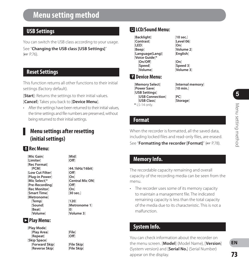 Usb settings, Reset settings, Format | System info, Menu settings after resetting ▌ (initial settings), Lcd/sound menu, Device menu, Rec menu, Play menu, Menu setting method | Olympus LS-14 User Manual | Page 73 / 100