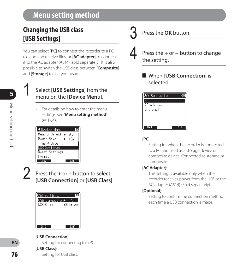 Menu setting method, Changing the usb class [ usb settings | Olympus LS-14 User Manual | Page 76 / 100