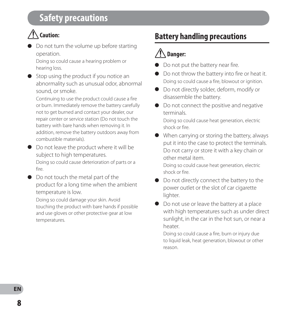 Safety precautions, Battery handling precautions | Olympus LS-14 User Manual | Page 8 / 100
