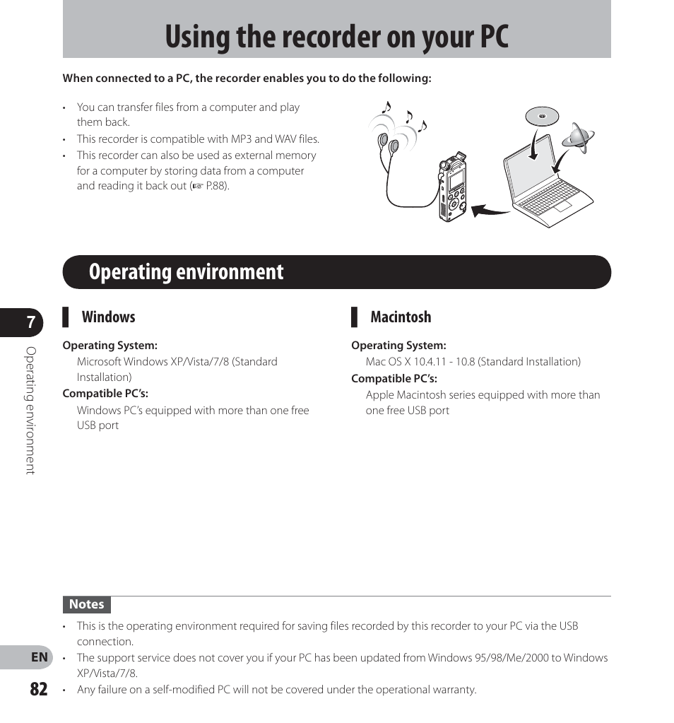 Using the recorder on your pc, Operating environment, Windows | Macintosh | Olympus LS-14 User Manual | Page 82 / 100