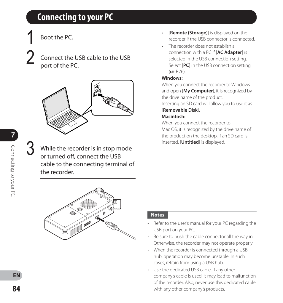 Connecting to your pc | Olympus LS-14 User Manual | Page 84 / 100