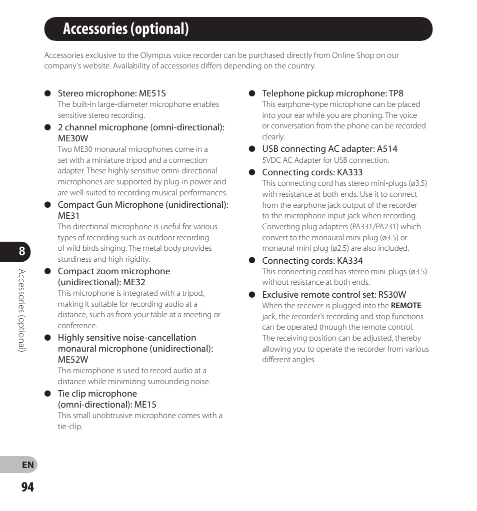 Accessories (optional) | Olympus LS-14 User Manual | Page 94 / 100