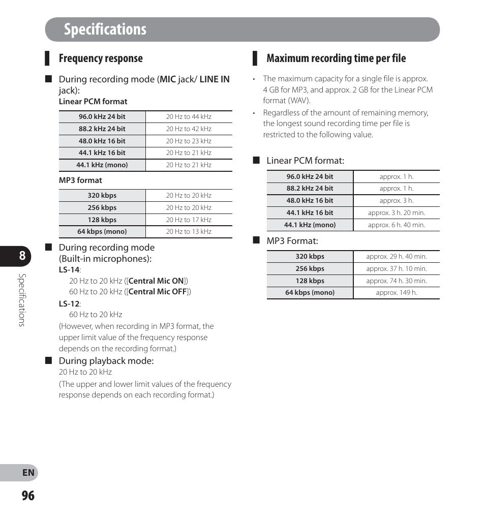 Specifications, Frequency response, Maximum recording time per file | Olympus LS-14 User Manual | Page 96 / 100