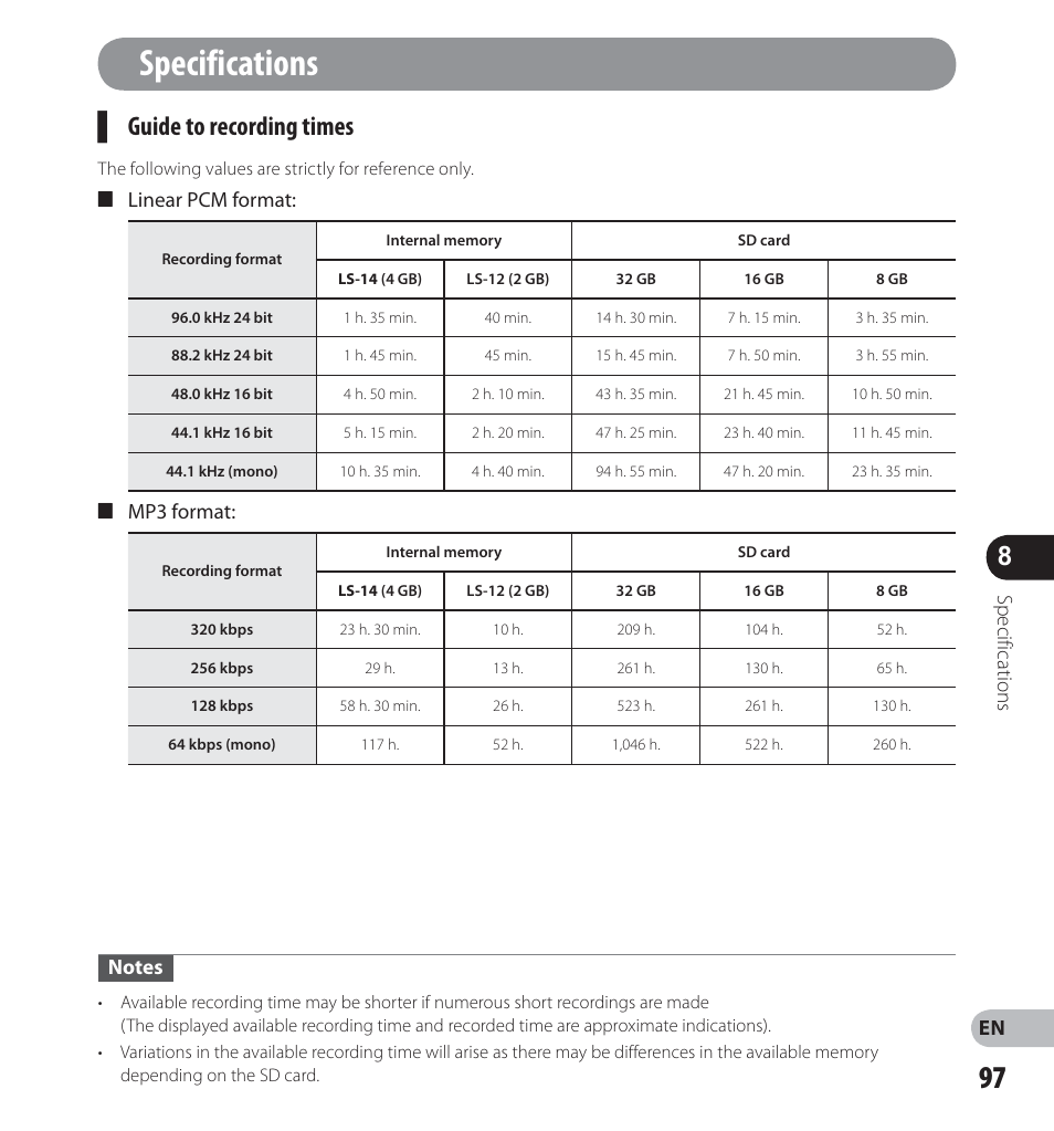 Guide to recording times, Specifications, 4 linear pcm format | 4 mp3 format | Olympus LS-14 User Manual | Page 97 / 100