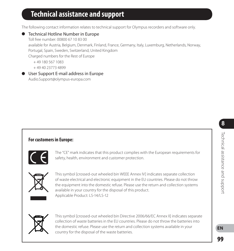 Technical assistance and support | Olympus LS-14 User Manual | Page 99 / 100