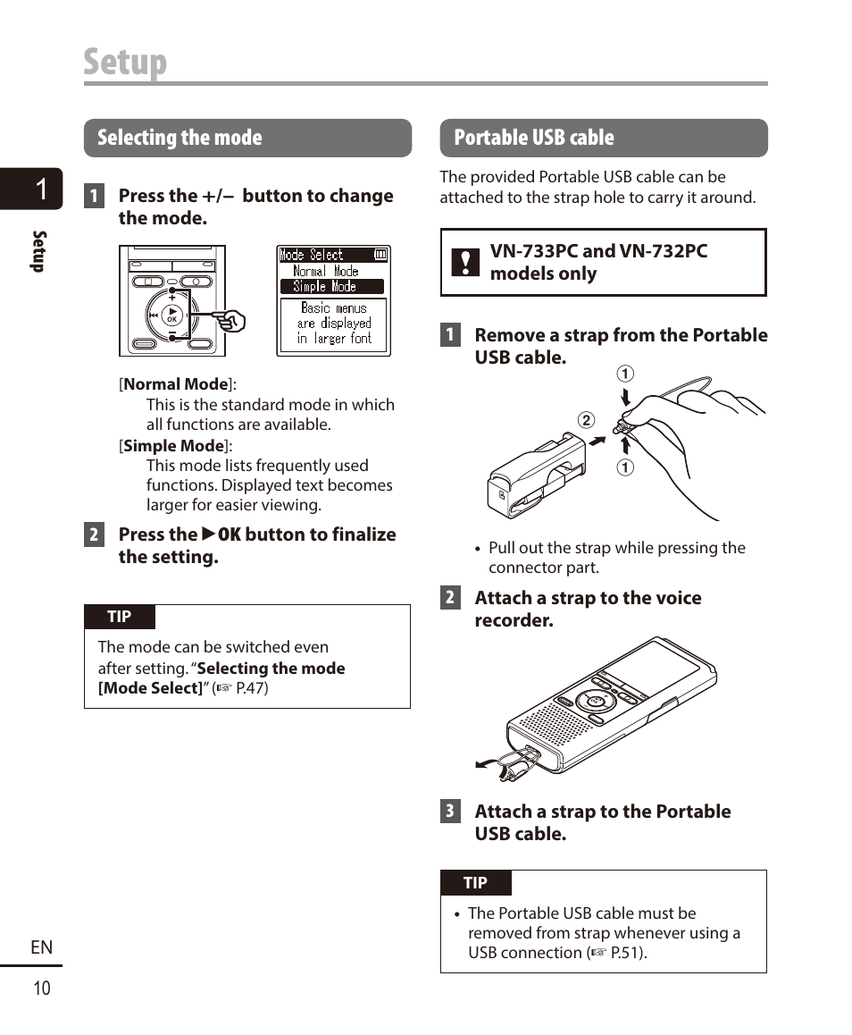 Selecting the mode, Portable usb cable, Setup | Olympus VN732PC User Manual | Page 10 / 67