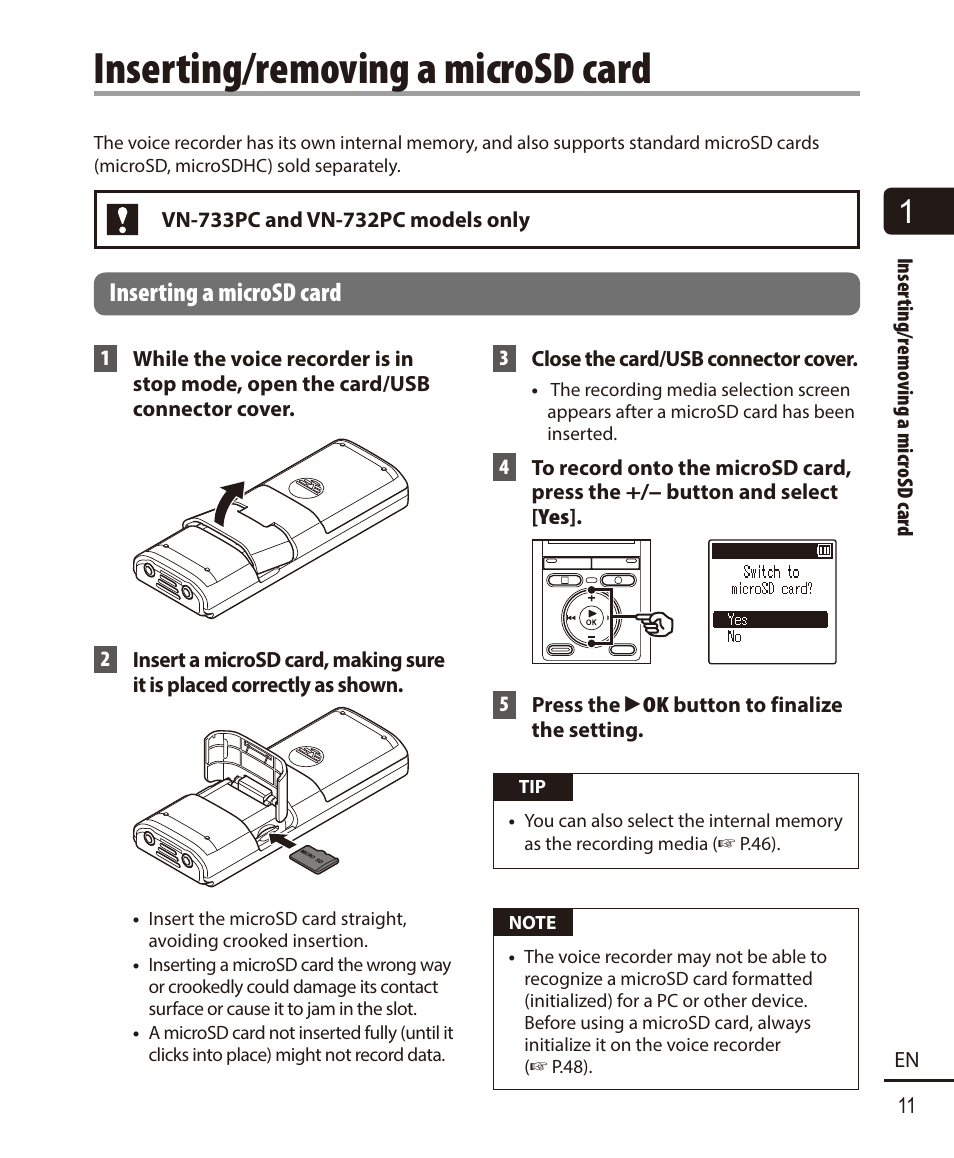 Inserting/removing a microsd card, Inserting a microsd card | Olympus VN732PC User Manual | Page 11 / 67