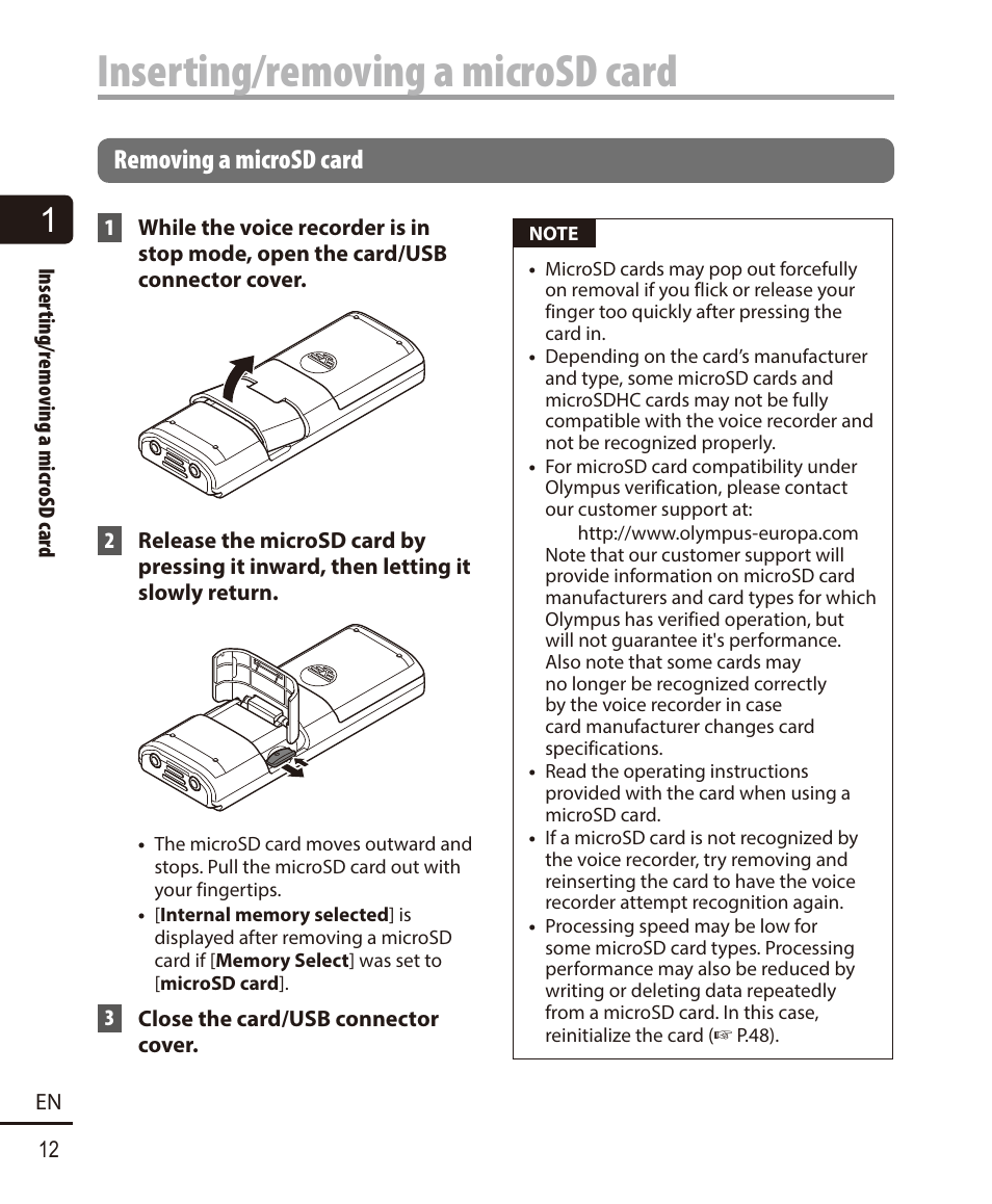 Removing a microsd card, Inserting/removing a microsd card | Olympus VN732PC User Manual | Page 12 / 67